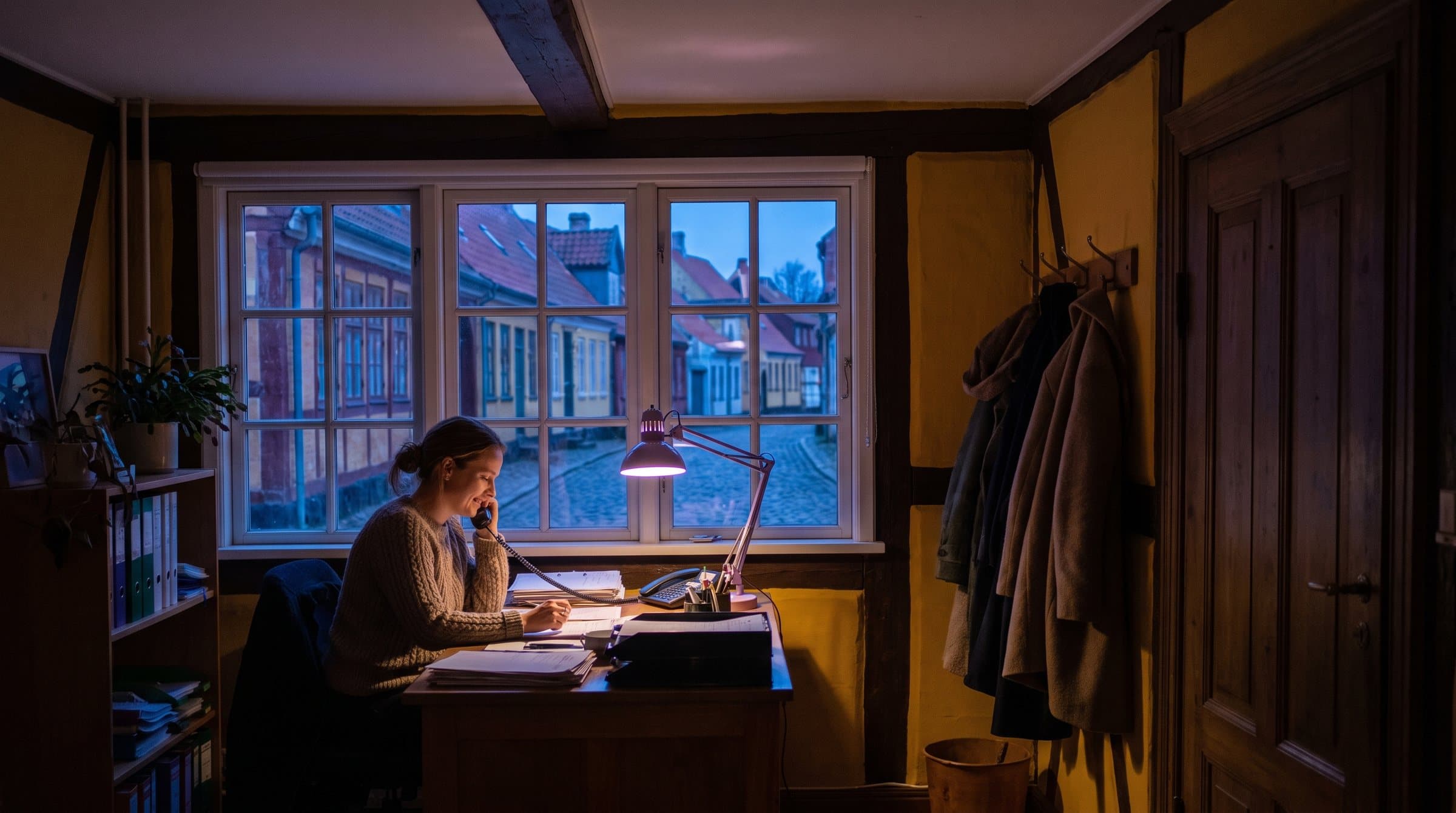 Lægesekretær tager telefonen i receptionen i et gult bindingsværkshus i det gamle Odense ved daggry