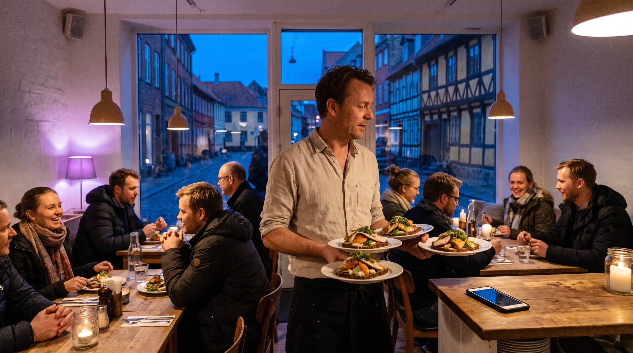 Tjener bærer smørrebrød ud i en hyggelig frokostrestaurant i Latinerkvarteret i Aarhus