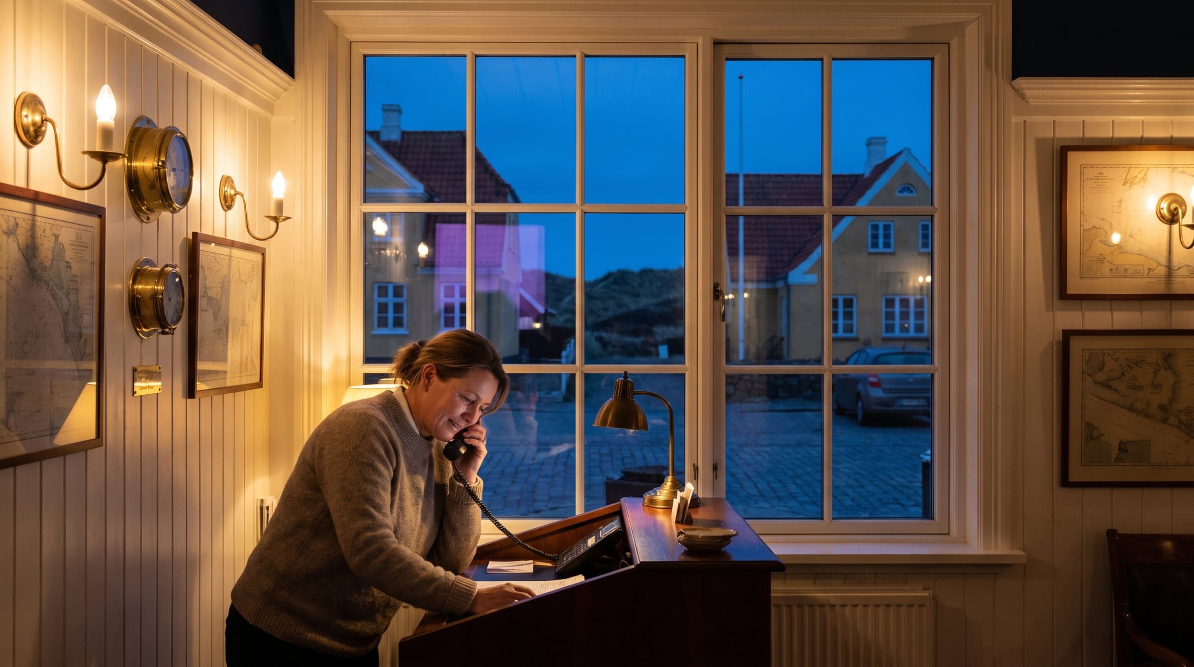 Natportier tager telefonen i receptionen på et lille badehotel i Skagen med gule huse og røde tegltage uden for vinduet